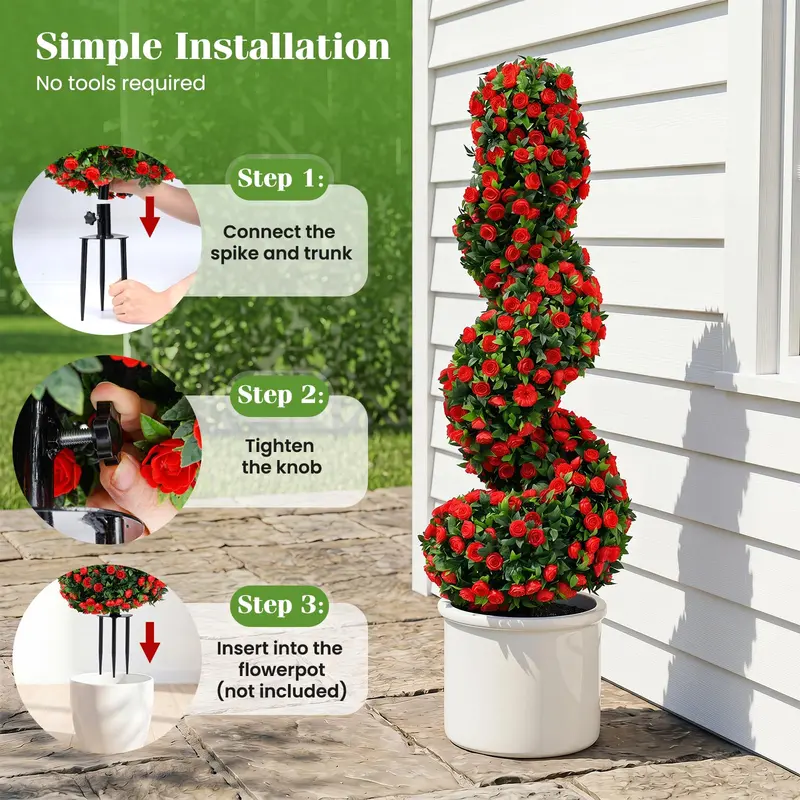 Set of Two 3-Foot Realistic Fake Rose Bushes – UV-Protected Outdoor Faux Plants with Ground Spikes