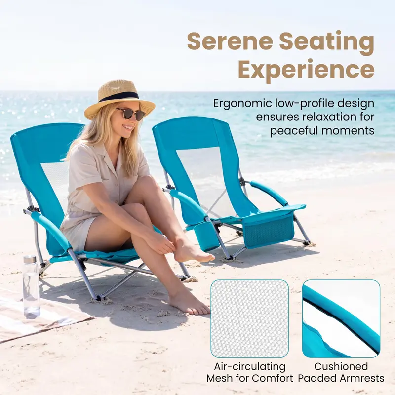 Set of Two Lightweight Folding Beach Chairs – Low-Profile Portable Camp Seating for Adults