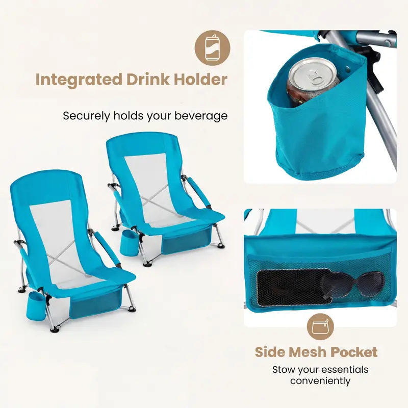 Set of Two Lightweight Folding Beach Chairs – Low-Profile Portable Camp Seating for Adults