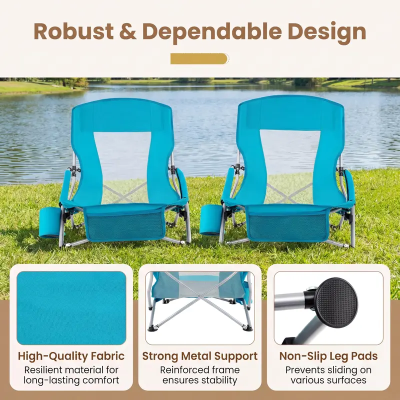 Set of Two Lightweight Folding Beach Chairs – Low-Profile Portable Camp Seating for Adults