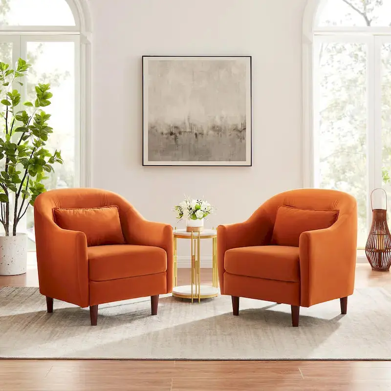 Set of Two Velvet Accent Armchairs — Barrel Style with Solid Wood Legs