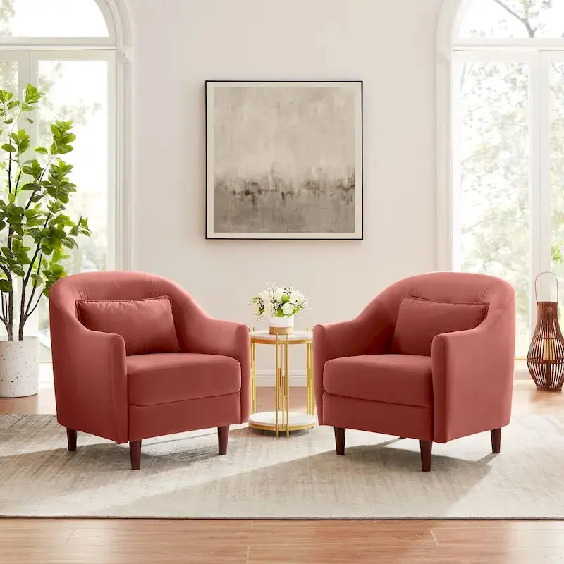 Set of Two Velvet Accent Armchairs — Barrel Style with Solid Wood Legs