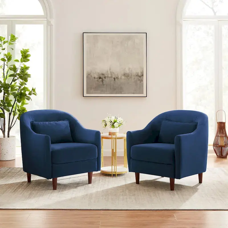 Set of Two Velvet Accent Armchairs — Barrel Style with Solid Wood Legs