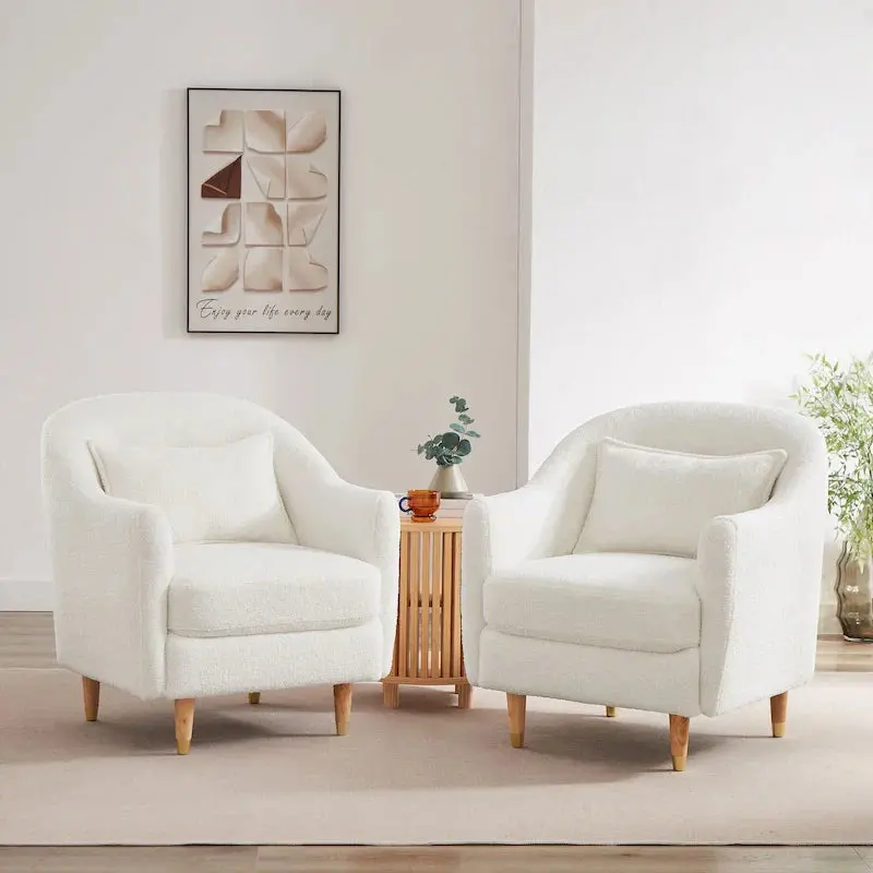 Set of Two Velvet Accent Armchairs — Barrel Style with Solid Wood Legs