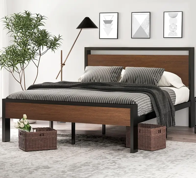 SHA CERLIN Full Metal Platform Bed – 14" Low-Profile Frame with Wooden Headboard & Footboard 1