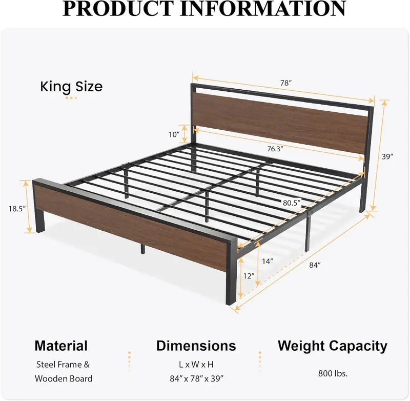 SHA CERLIN Full Metal Platform Bed – 14" Low-Profile Frame with Wooden Headboard & Footboard