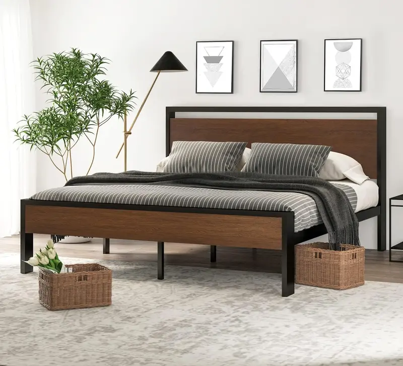 SHA CERLIN Full Metal Platform Bed – 14" Low-Profile Frame with Wooden Headboard & Footboard