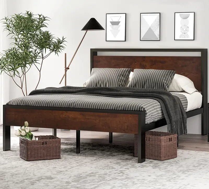 SHA CERLIN Full Metal Platform Bed – 14" Low-Profile Frame with Wooden Headboard & Footboard