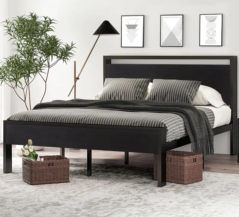 SHA CERLIN Full Metal Platform Bed – 14" Low-Profile Frame with Wooden Headboard & Footboard