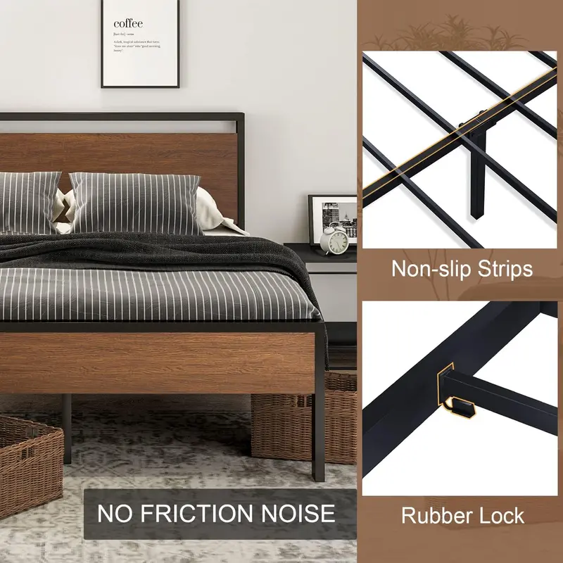 SHA CERLIN Full Metal Platform Bed – 14" Low-Profile Frame with Wooden Headboard & Footboard