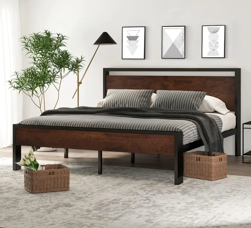 SHA CERLIN Full Metal Platform Bed – 14" Low-Profile Frame with Wooden Headboard & Footboard