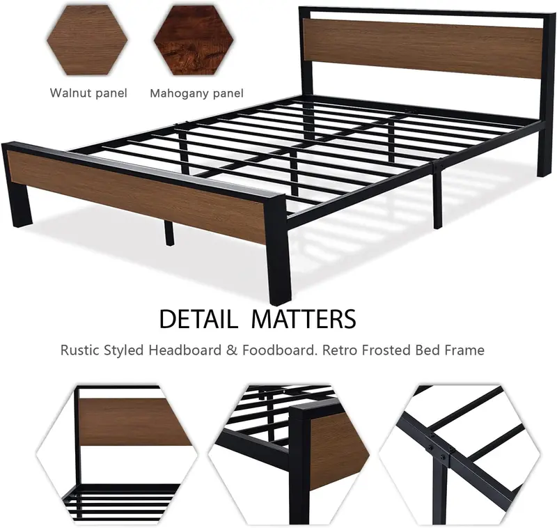 SHA CERLIN Full Metal Platform Bed – 14" Low-Profile Frame with Wooden Headboard & Footboard