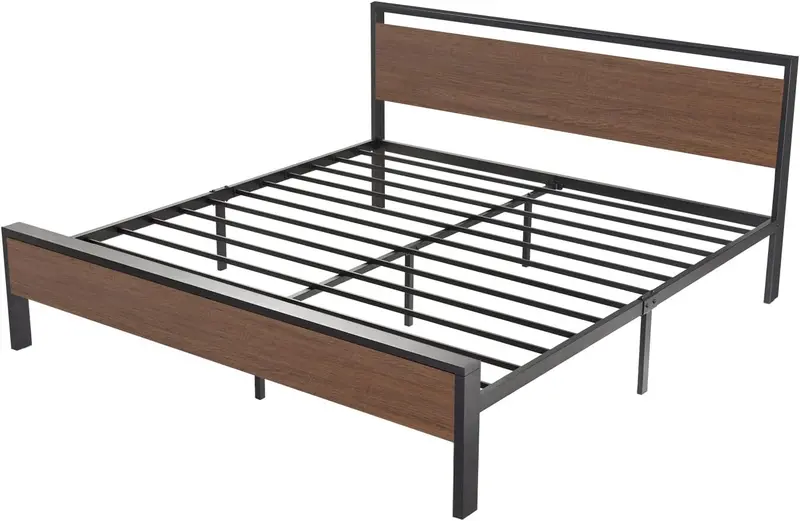 SHA CERLIN Full Metal Platform Bed – 14" Low-Profile Frame with Wooden Headboard & Footboard
