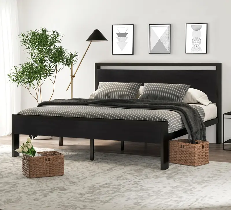 SHA CERLIN Full Metal Platform Bed – 14" Low-Profile Frame with Wooden Headboard & Footboard
