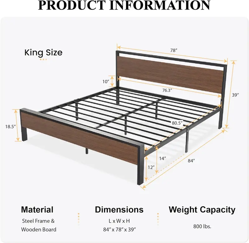 SHA CERLIN Queen Metal Platform Bed – 14" Height Frame with Solid Wood Headboard & Footboard