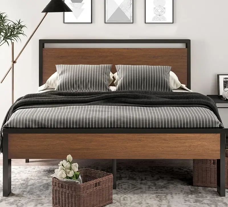 SHA CERLIN Queen Metal Platform Bed – 14" Height Frame with Solid Wood Headboard & Footboard