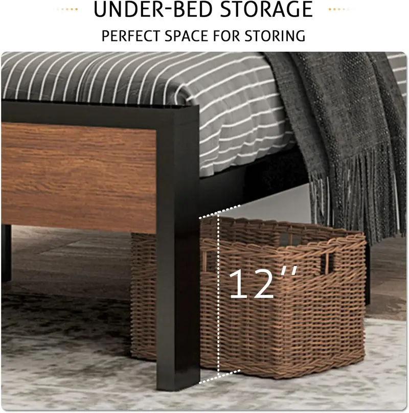 SHA CERLIN Queen Metal Platform Bed – 14" Height Frame with Solid Wood Headboard & Footboard