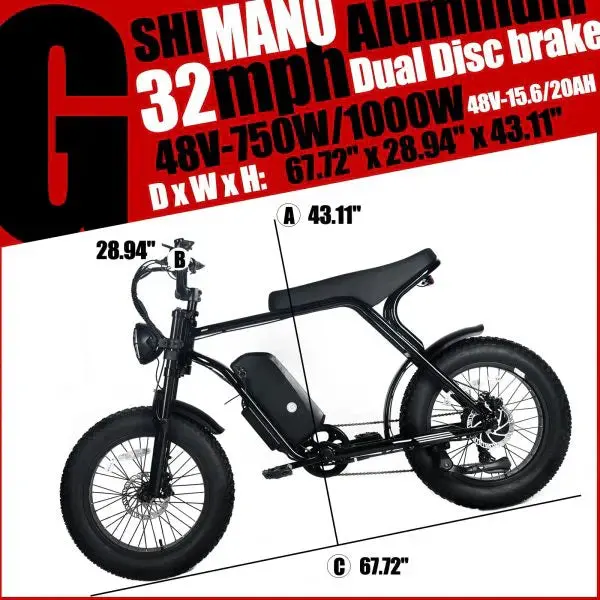 Shi Mano Fat-Tire Electric Mountain Bike – 1000W Motor, 48V 20Ah Battery, 45 MPH Max Speed