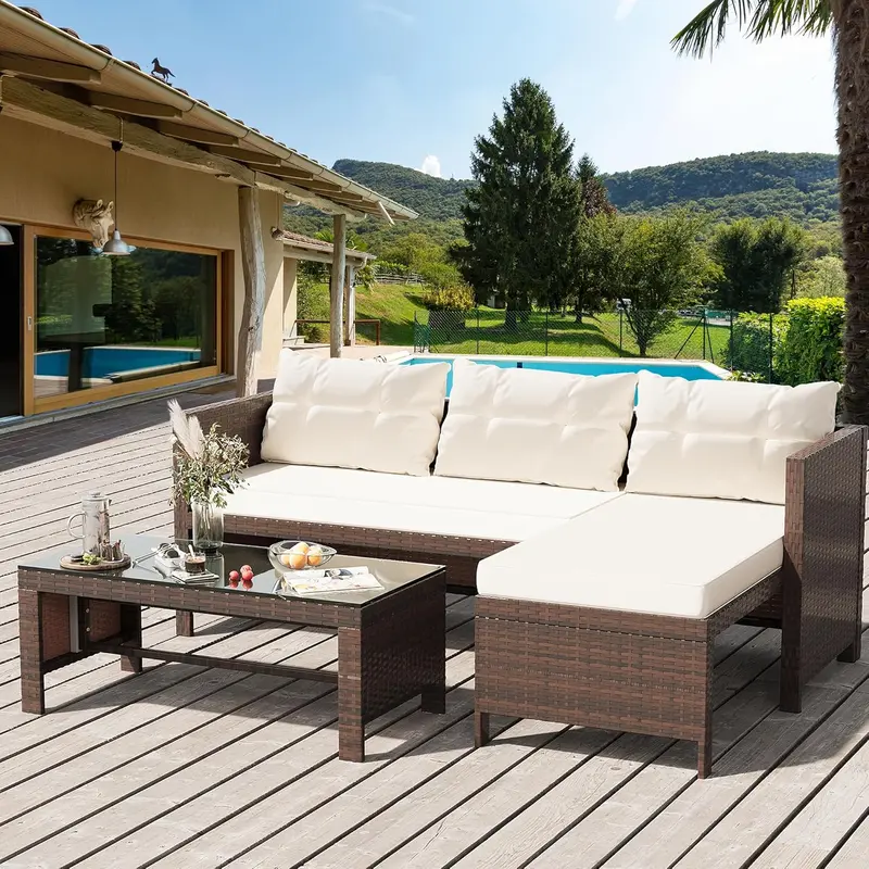 Shintenchi 3-Piece Blue-Gray Wicker Patio Set – All-Weather Conversation Seating with Glass Table & Cushions