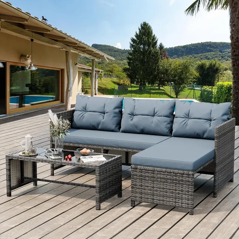 Shintenchi 3-Piece Blue-Gray Wicker Patio Set – All-Weather Conversation Seating with Glass Table & Cushions 2