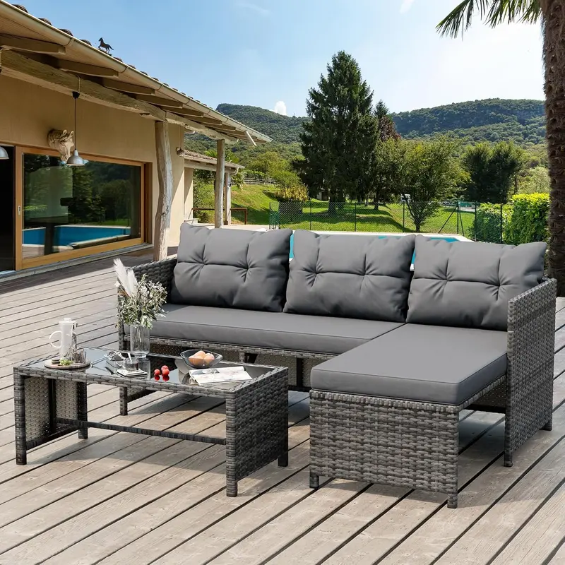 Shintenchi 3-Piece Blue-Gray Wicker Patio Set – All-Weather Conversation Seating with Glass Table & Cushions