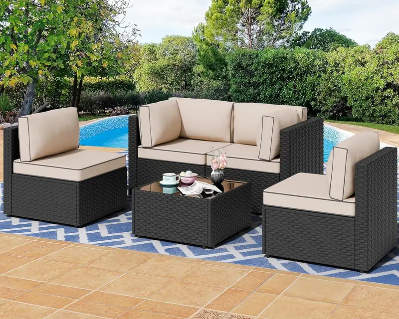 Shintenchi 5-Piece Aegean Blue PE Wicker Outdoor Sectional Sofa Set with Washable Cushions and Glass Table