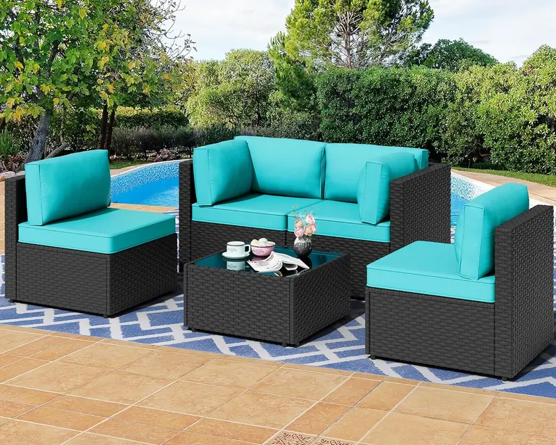 Shintenchi 5-Piece Aegean Blue PE Wicker Outdoor Sectional Sofa Set with Washable Cushions and Glass Table