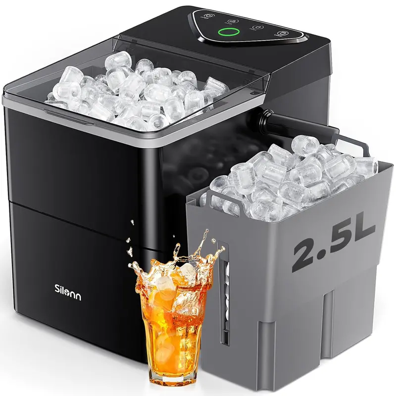 Silonn Countertop Ice Maker – Expanding 2.5L Ice Basket, LED Touch Control, 9 Cubes in 6 Minutes, 2 Bullet Ice Sizes, Self-Cleaning