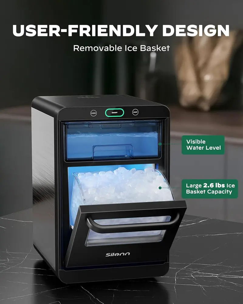 Silonn Countertop Nugget Ice Maker – Pull-Out Water Tank, Removable Ice Basket, Fast Ice Production