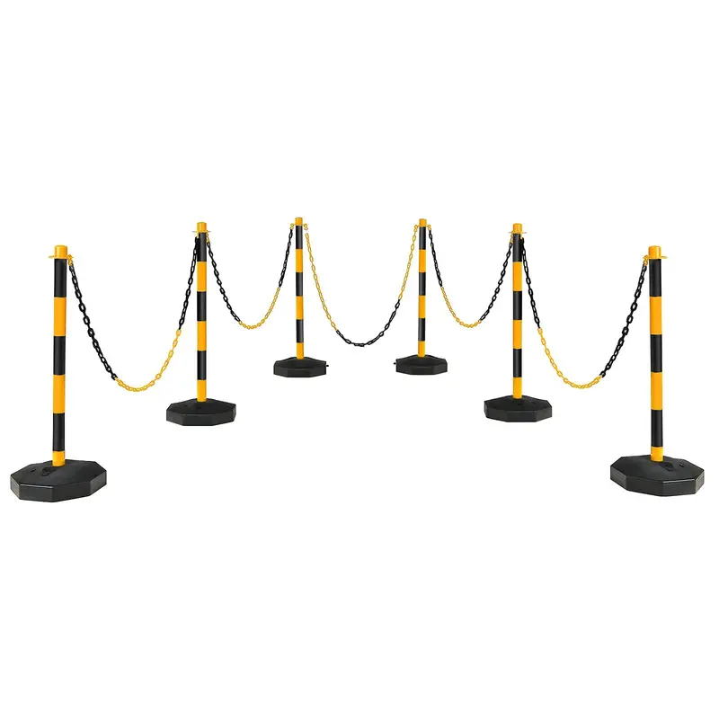 Six-Pack Traffic Delineator Posts with Octagonal Fillable Bases and 5-Foot Linked Chains (Black/Yellow)