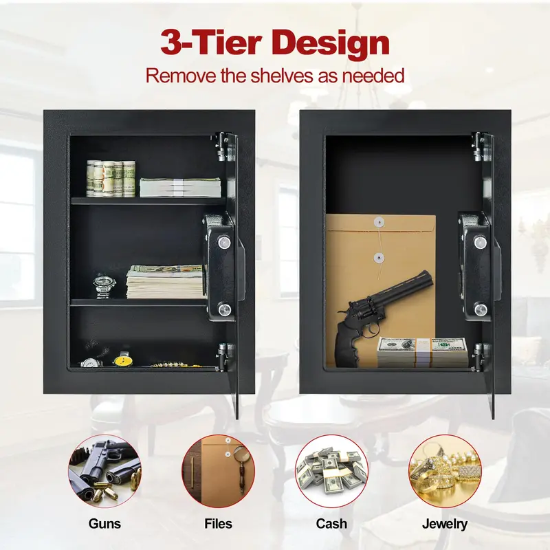 Slim 22-Inch Wall-Mounted Safe, Concealed In-Wall Security Box Fits Standard Stud Spacing