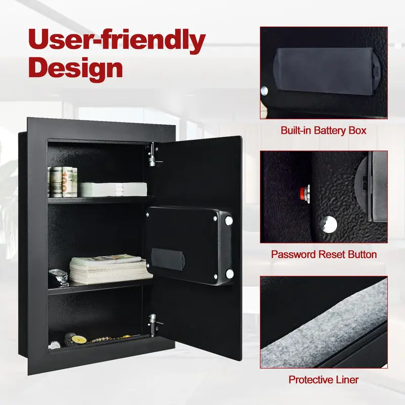 Slim 22-Inch Wall-Mounted Safe, Concealed In-Wall Security Box Fits Standard Stud Spacing