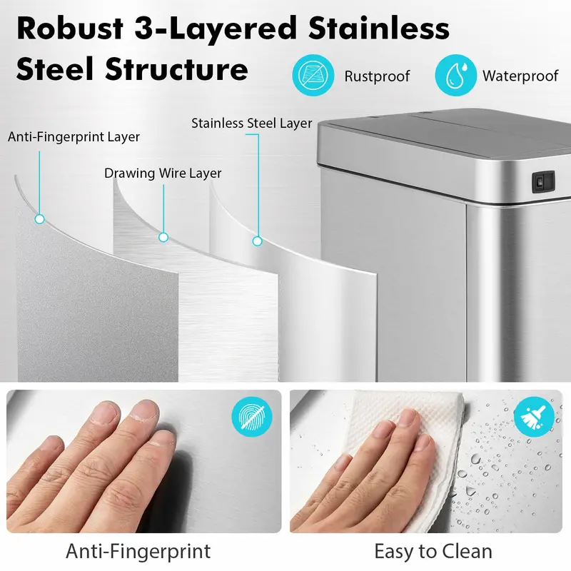 Slim Touchless Kitchen Trash Can – 13.2-Gallon Motion-Sensor Bin with Wing Lid & Smudge-Resistant Finish
