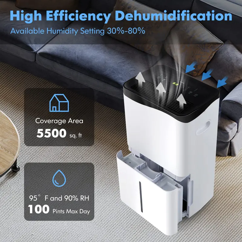 Smart 100-Pint Dehumidifier – Wi-Fi Enabled App Control, Alexa Compatibility & Coverage up to 5500 Sq. Ft.