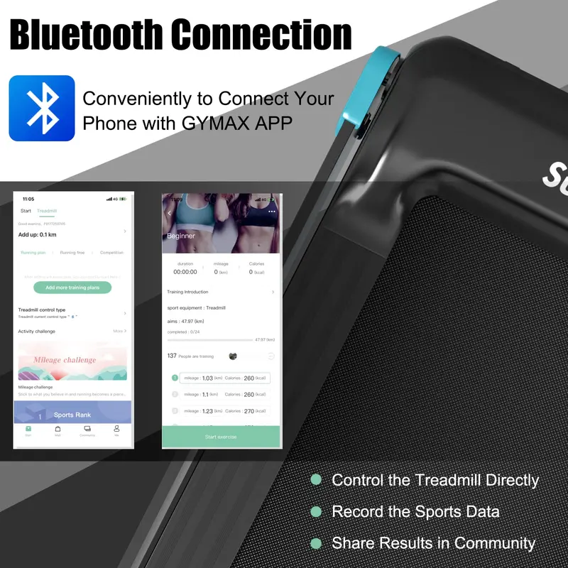 Smart Folding Treadmill – Compact Superfit Model with Bluetooth Speaker and App Connectivity