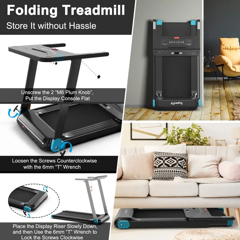 Smart Folding Treadmill – Compact Superfit Model with Bluetooth Speaker and App Connectivity