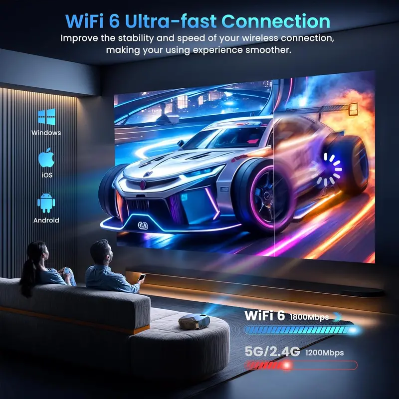 Smart Projector with Netflix Support, 5G WiFi 6, Bluetooth 5.3, and High-Lumen Brightness