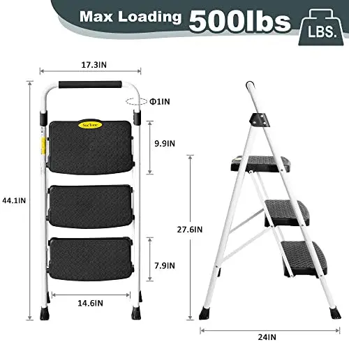 SocTone 3-Step Folding Step Stool – Lightweight, Ergonomic Handle, Space-Saving Design for Adults