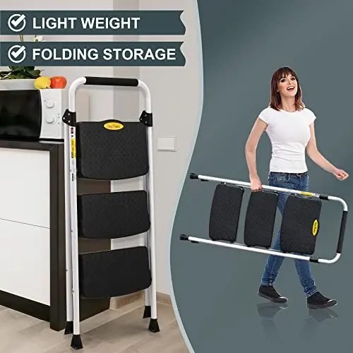 SocTone 3-Step Folding Step Stool – Lightweight, Ergonomic Handle, Space-Saving Design for Adults
