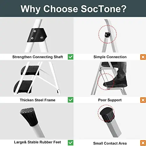 SocTone 3-Step Folding Step Stool – Lightweight, Ergonomic Handle, Space-Saving Design for Adults