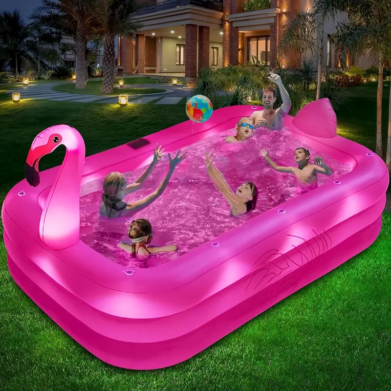 Solar-Powered Flamingo Inflatable Pool – 105" x 65" x 25" LED-Lit, Thickened Kiddie & Adult Backyard Splash Pool