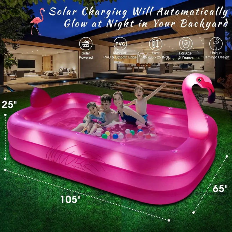 Solar-Powered Flamingo Inflatable Pool – 105" x 65" x 25" LED-Lit, Thickened Kiddie & Adult Backyard Splash Pool 2