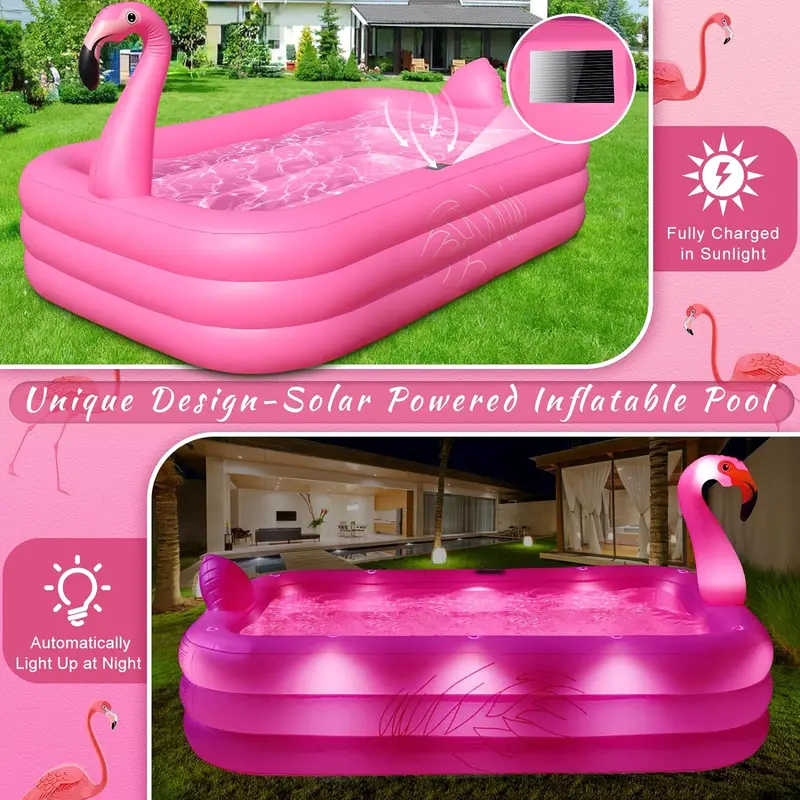 Solar-Powered Flamingo Inflatable Pool – 105" x 65" x 25" LED-Lit, Thickened Kiddie & Adult Backyard Splash Pool