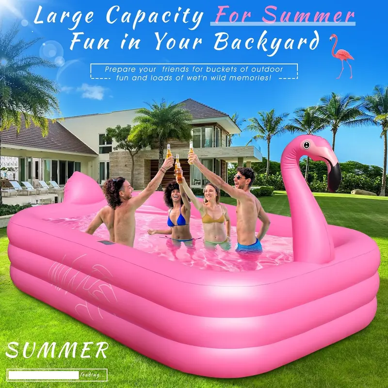 Solar-Powered Flamingo Inflatable Pool – 105" x 65" x 25" LED-Lit, Thickened Kiddie & Adult Backyard Splash Pool