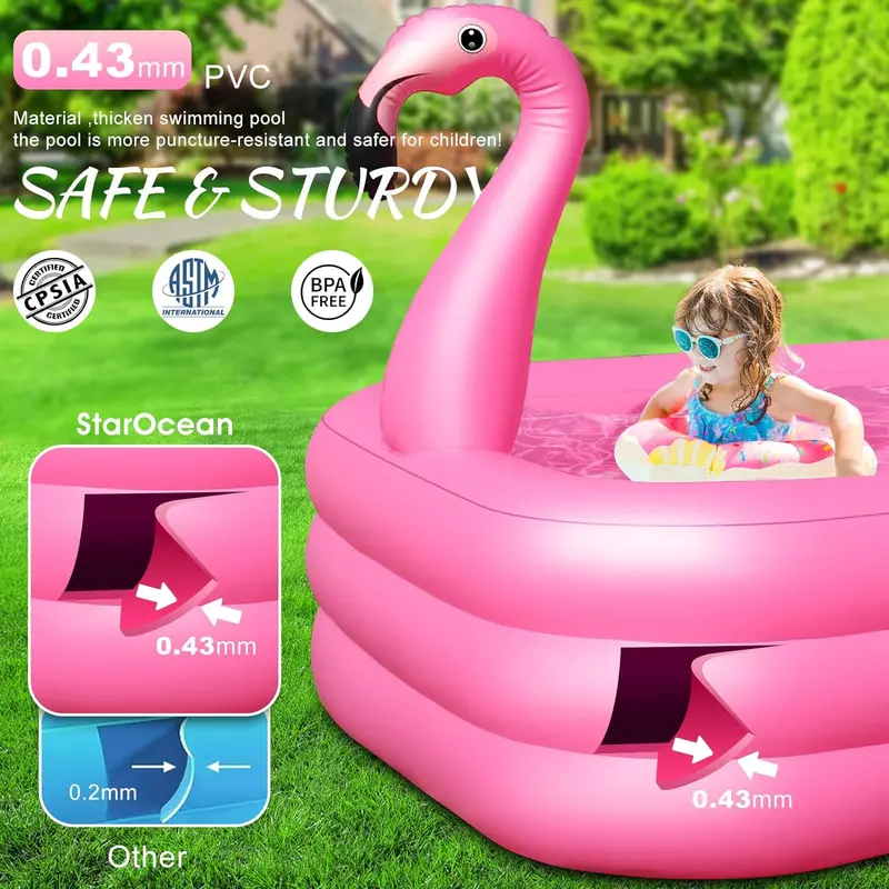 Solar-Powered Flamingo Inflatable Pool – 105" x 65" x 25" LED-Lit, Thickened Kiddie & Adult Backyard Splash Pool