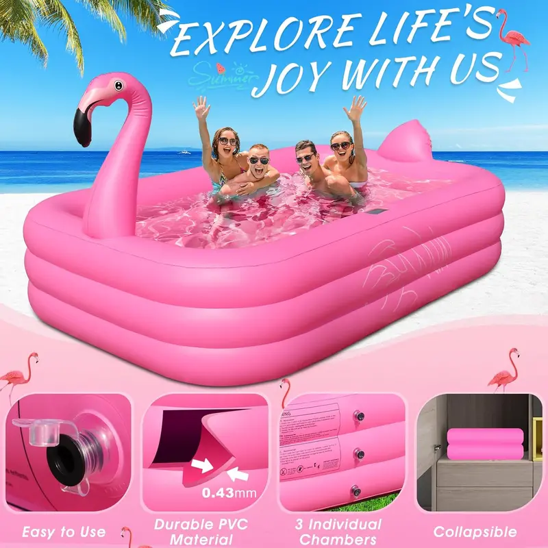 Solar-Powered Flamingo Inflatable Pool – 105" x 65" x 25" LED-Lit, Thickened Kiddie & Adult Backyard Splash Pool