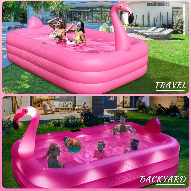 Solar-Powered Flamingo Inflatable Pool – 105" x 65" x 25" LED-Lit, Thickened Kiddie & Adult Backyard Splash Pool