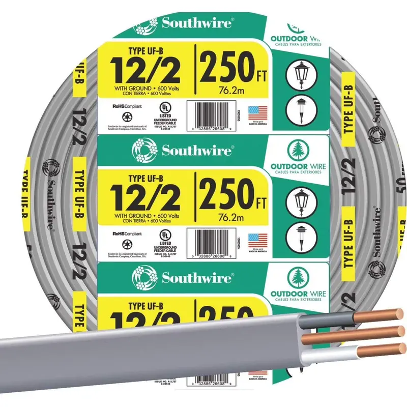 Southwire 13055955 12-2 Underground Feeder Wire with Ground – 250 ft, Gray Jacket