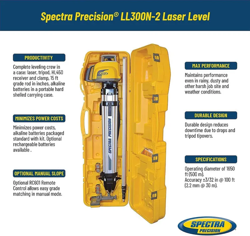Spectra LL300N-2 Precision Laser Level Kit with HL450 Detector and Aluminum Tripod