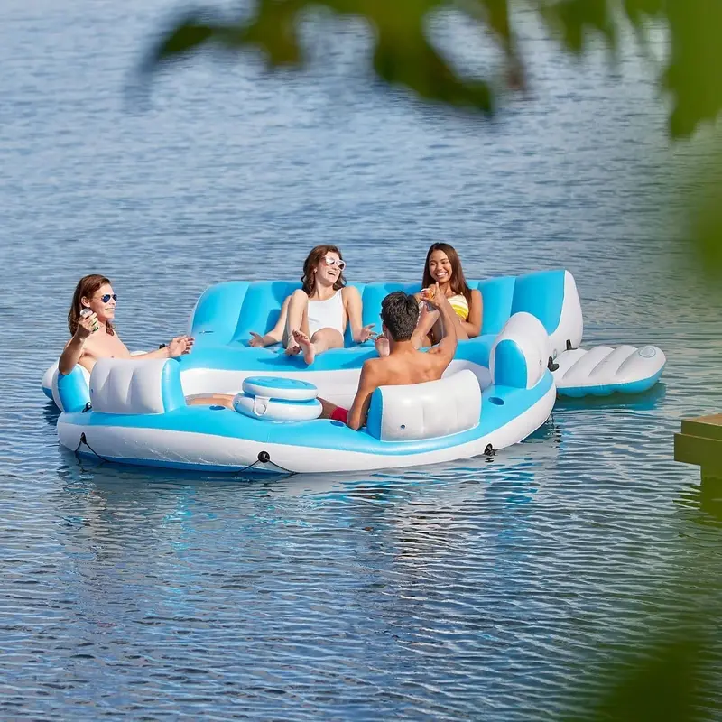 Splash N Chill Inflatable Pool Lounger Island – 145 x 125 x 20 Inch, Supports Up to 7 Adults (Blue/White)